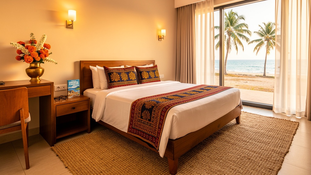 Cozy boutique hotel room in a coastal Indian town with traditional Odia textile patterns, wooden furniture, large windows showing palm trees and ocean view, warm lighting and fresh flowers