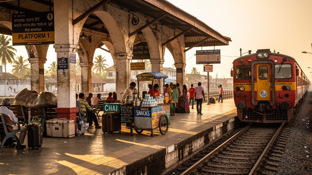 Bustling Indian railway station platform in a coastal town in Odisha with a colorful train approaching, travelers waiting, chai stall vendors, and colonial-era architecture in warm morning light