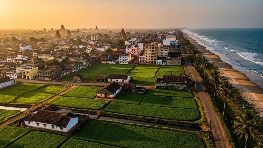 Stunning panoramic aerial view of Balasore, Odisha showing the coastal town with lush green paddy fields, traditional architecture, temple spires, and the Bay of Bengal coastline at golden hour