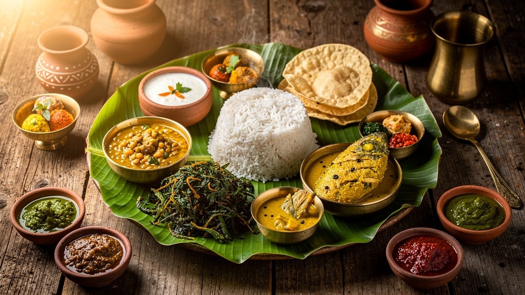 Traditional Odia cuisine spread on a banana leaf featuring an authentic Odisha thali with rice, dalma, saga bhaja, machha besara, kheer, papad, pickles, chutneys, brass utensils, and earthen pots