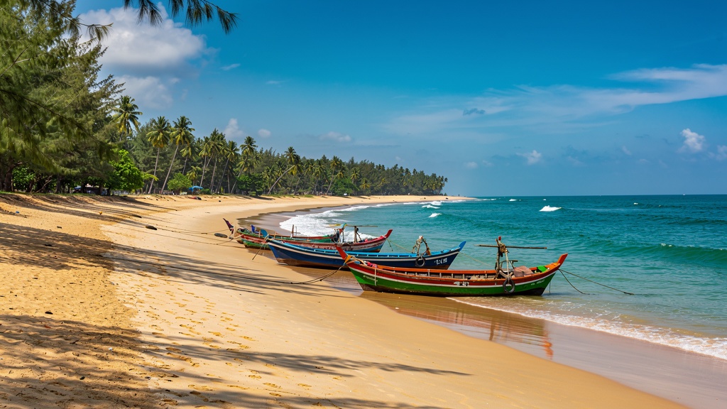 Pristine Talasari Beach near Balasore with golden sand, casuarina tree groves along the shore, turquoise Bay of Bengal waters, fishing boats, and coconut palm trees against a clear blue sky